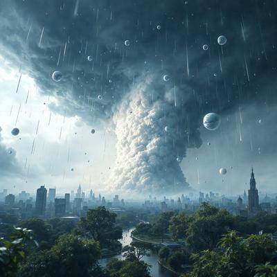 The primary subject of the image is a large, cloudy, and potentially volcanic mountain with a river flowing through it. The setting is a cityscape with skyscrapers and a bridge visible in the background. The visual style is a combination of photo and digital art, creating a unique and captivating scene. The colors and mood of the image are dark and dramatic, with the cloudy mountain and the cityscape creating a sense of tension and anticipation.